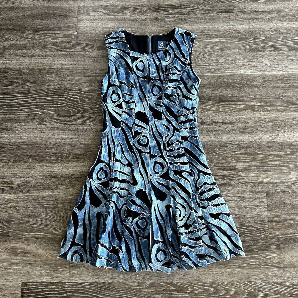 Samuel Dong Abstract Mesh Overlay Fit Flare‎ Art Dress Blue Black XS